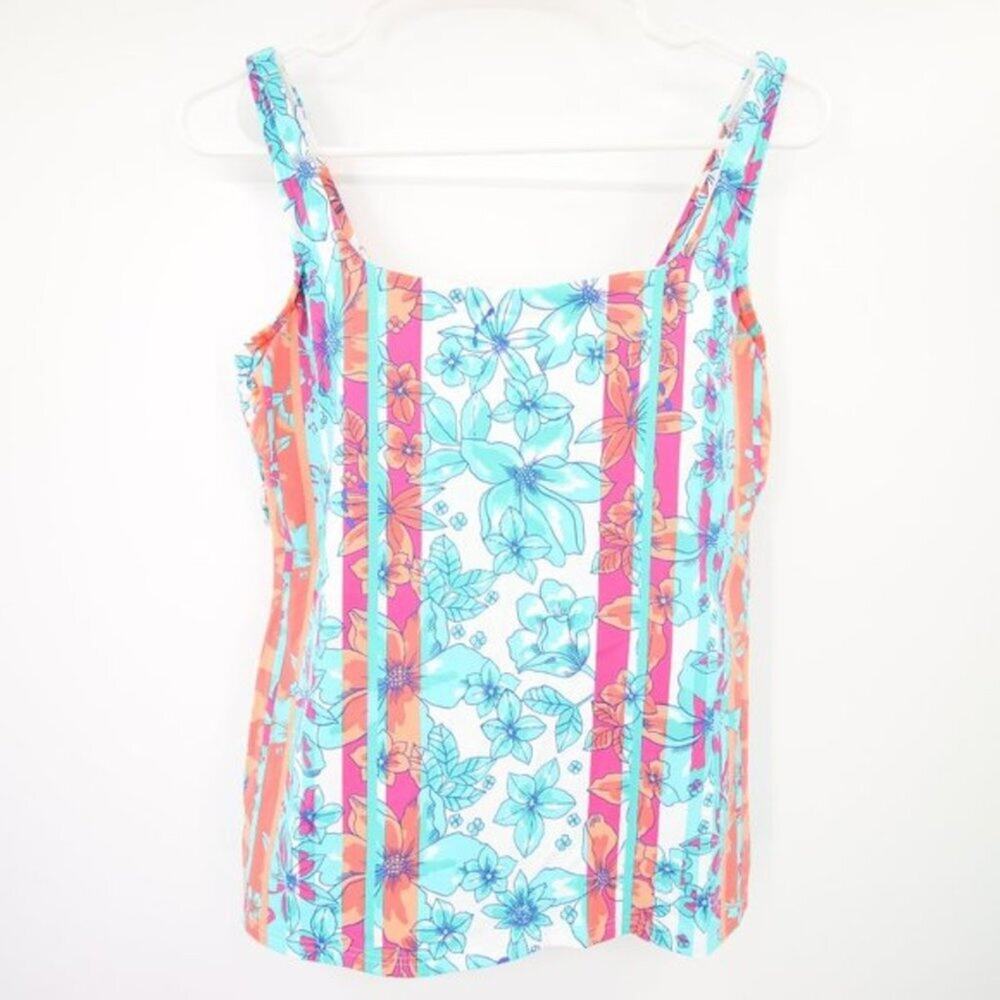 Lands End Aqua Blue Floral Pattern Swim Tankini Top Scoop Neck Underwire Size 8